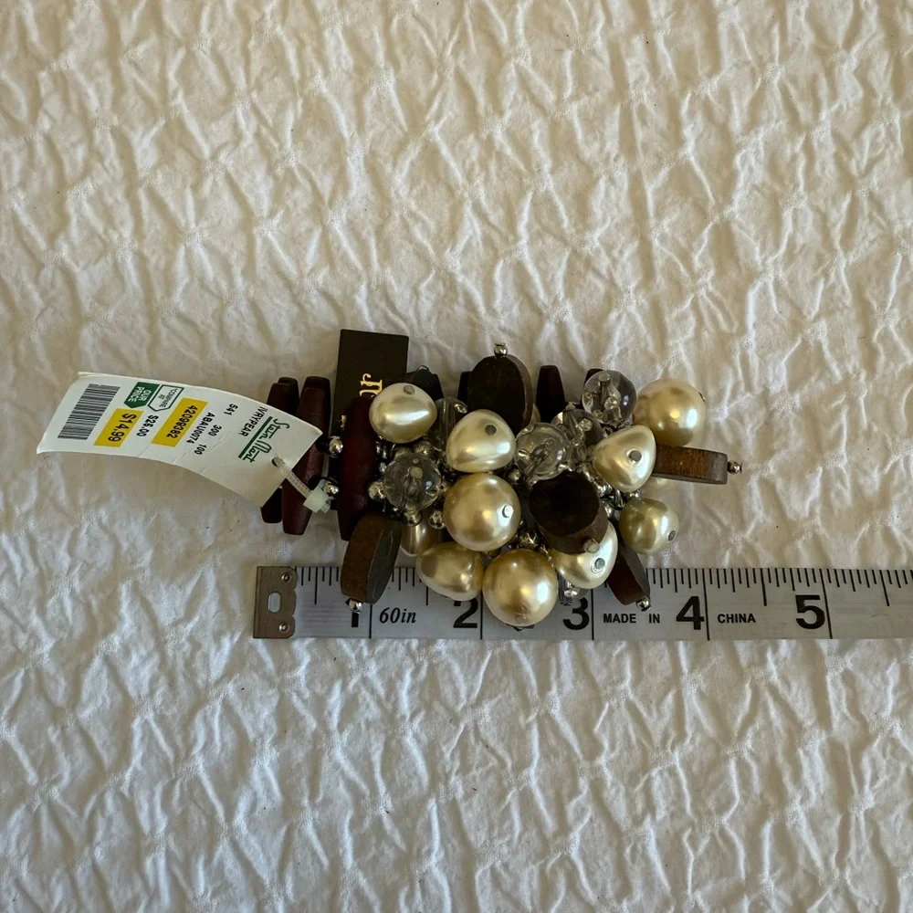 Statement Pearl & Wood Beaded Stretch Bracelet – New with Tags - Picture 8 of 9